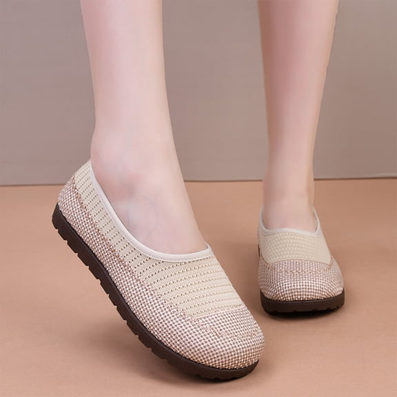 Womens Breathable Spliced Mesh Flat Shoes, Lightweight Slip On Round Toe Walking Loafers, Shock Absorbing Soft Anti Slip Daily Footwear