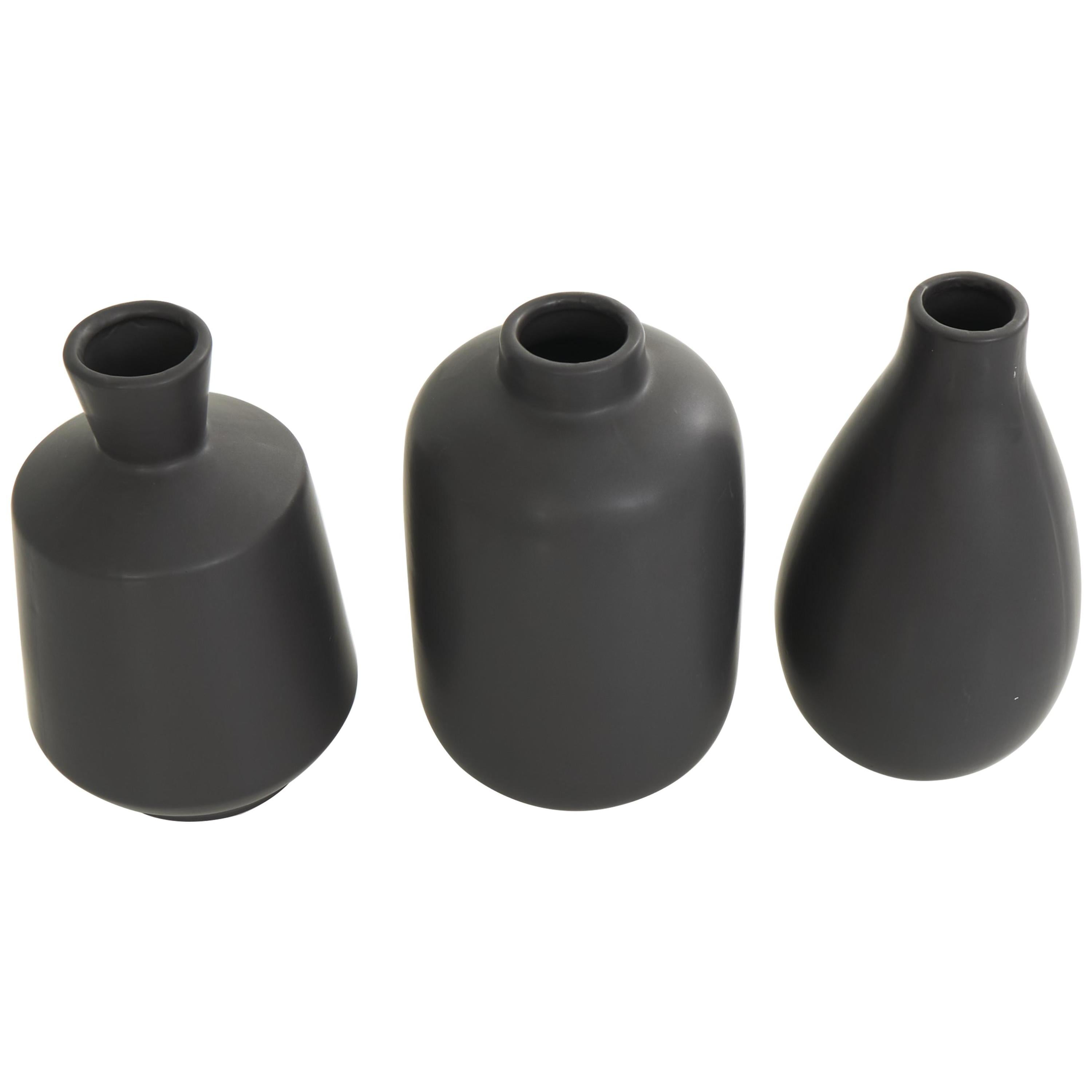 DecMode 5"W, 8"H Minimalistic Black Ceramic Vase with Varying Shapes, Set of 3