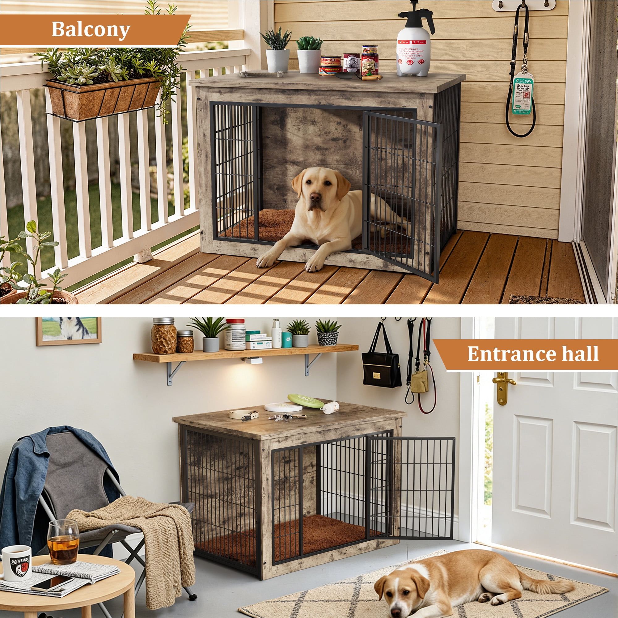Furmax Heavy-Duty Wooden Dog Crate 2-Door Furniture Style Kennel with Chew-Proof Design & Removable Cushion, End Table for Small, Medium, Large Dogs