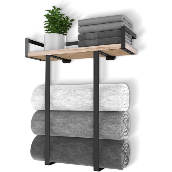 Towel Racks for Bathroom Wall Mounted, Metal Towel Holder with Wooden Shelf for Folding Large Towels, Towel Storage for Small Bathroom Organizer Decor or RV Camping
