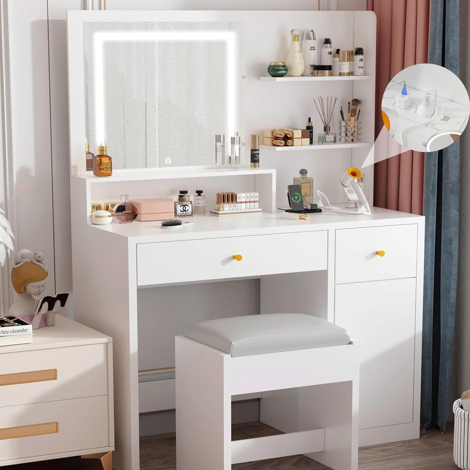 Vanity Desk Set with LED Light Mirror Power Outlet Makeup Table with 3 Shelves 2 Drawers 3 Level Adjustable Cabinet Makeup Vanity Stool for