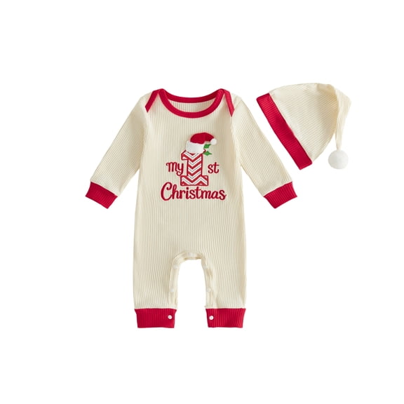 Cjfdfy Newborn Baby Boy Girl Christmas Romper Outfit My 1St Christmas Long Sleeve knit Romper And Santa Hat Set Infant Cute My First Christmas Fall Winter Holiday Set 0-18M