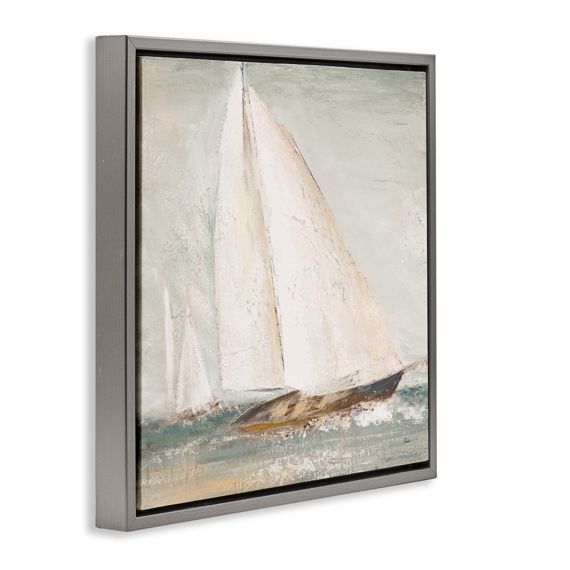 Stupell Industries Vintage Splashing Sailboat Transportation Painting Gray Floater Framed Canvas Art Print Wall Art, 18 x 18