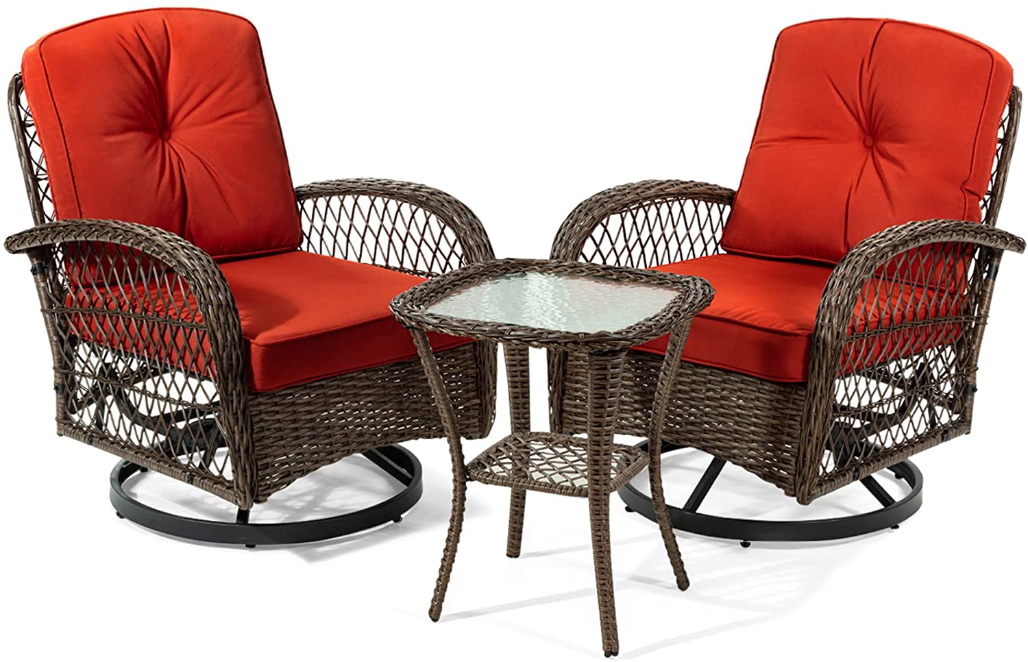 Amolife 3 Pieces Wicker Patio Furniture Set, Bistro Set with Outdoor Swivel Rocking Chair and Coffee Table, Red - image 5 of 9