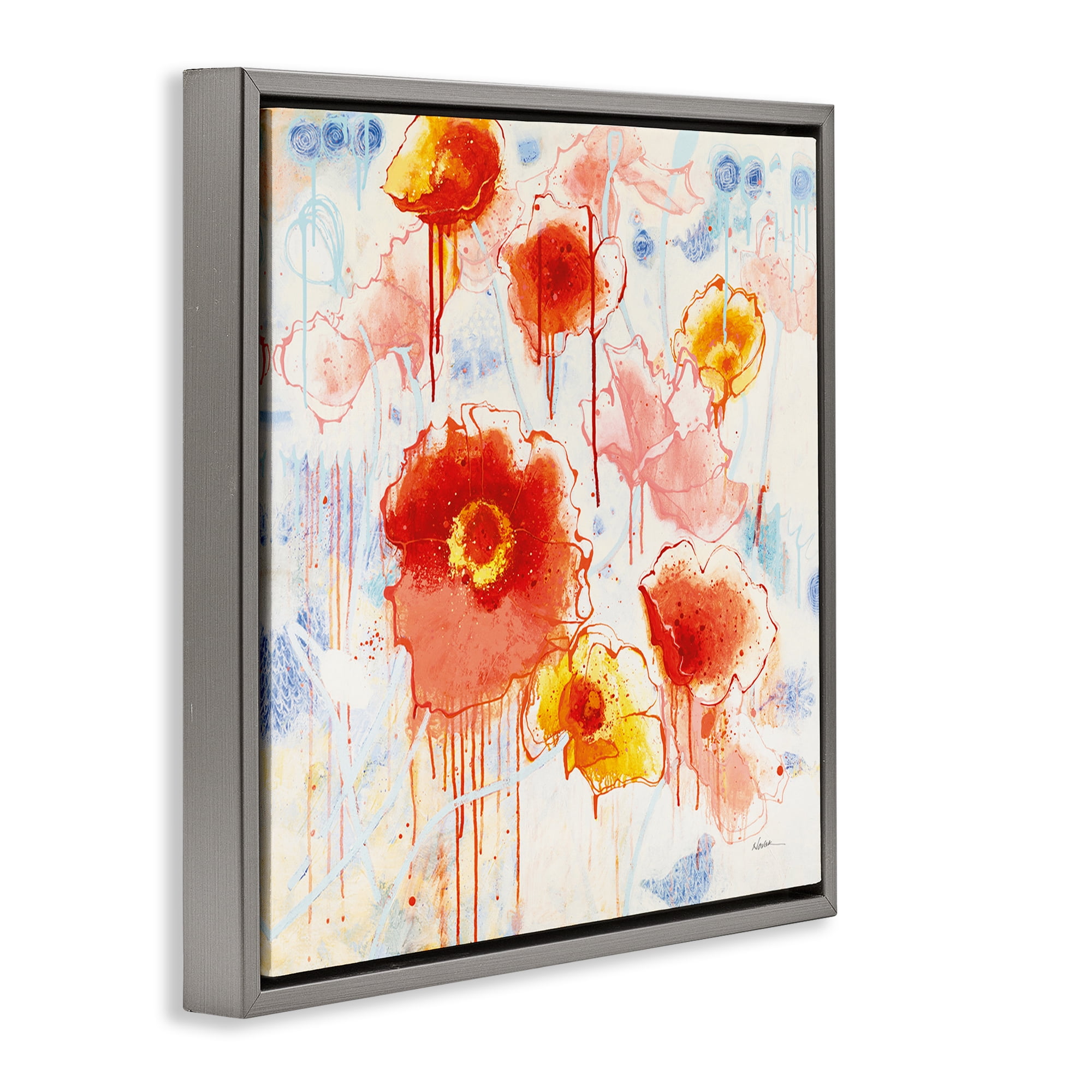 Stupell Industries Dripping Abstract Poppies Abstract Painting Gray Floater Framed Art Print Wall Art, 18 x 18
