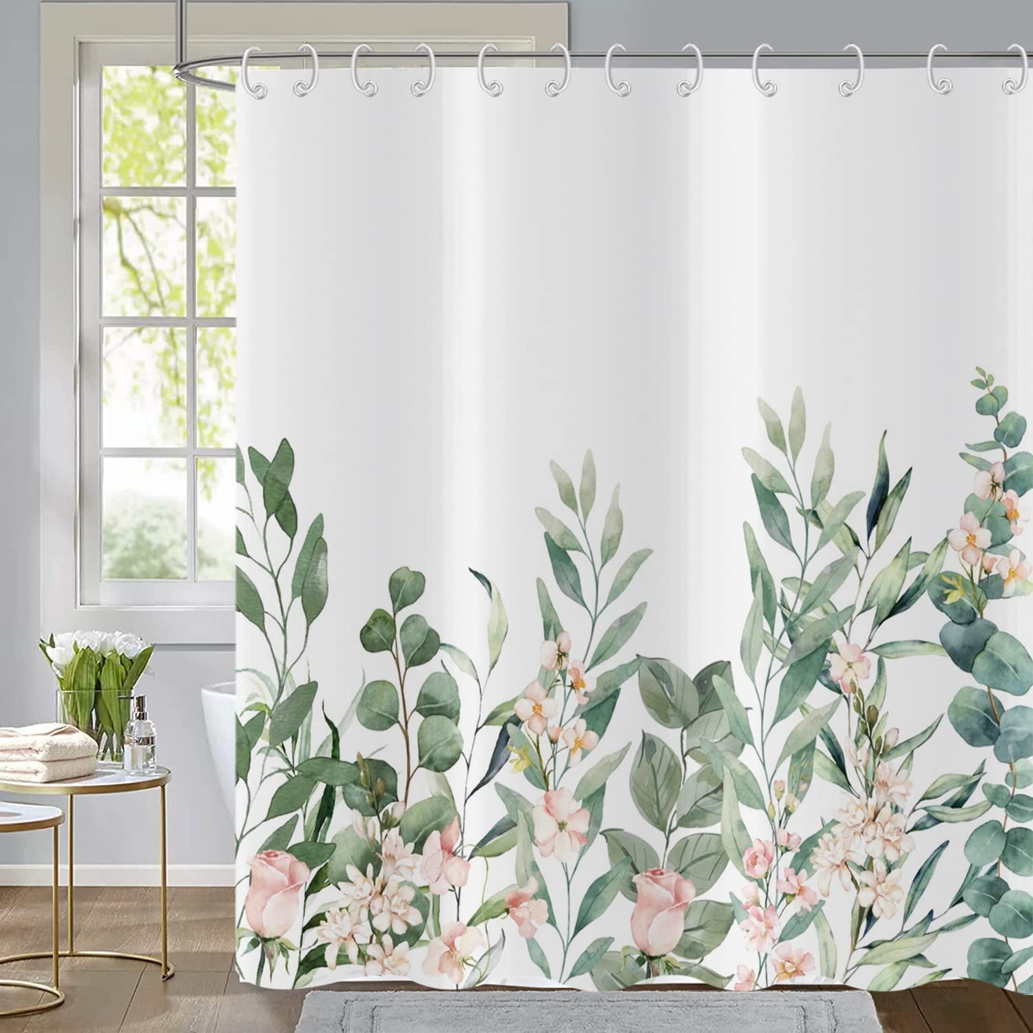 Cortina De Baño Hojas Verdes Poliester Blanco Hojas Verdes | Cuotas Sin Interés