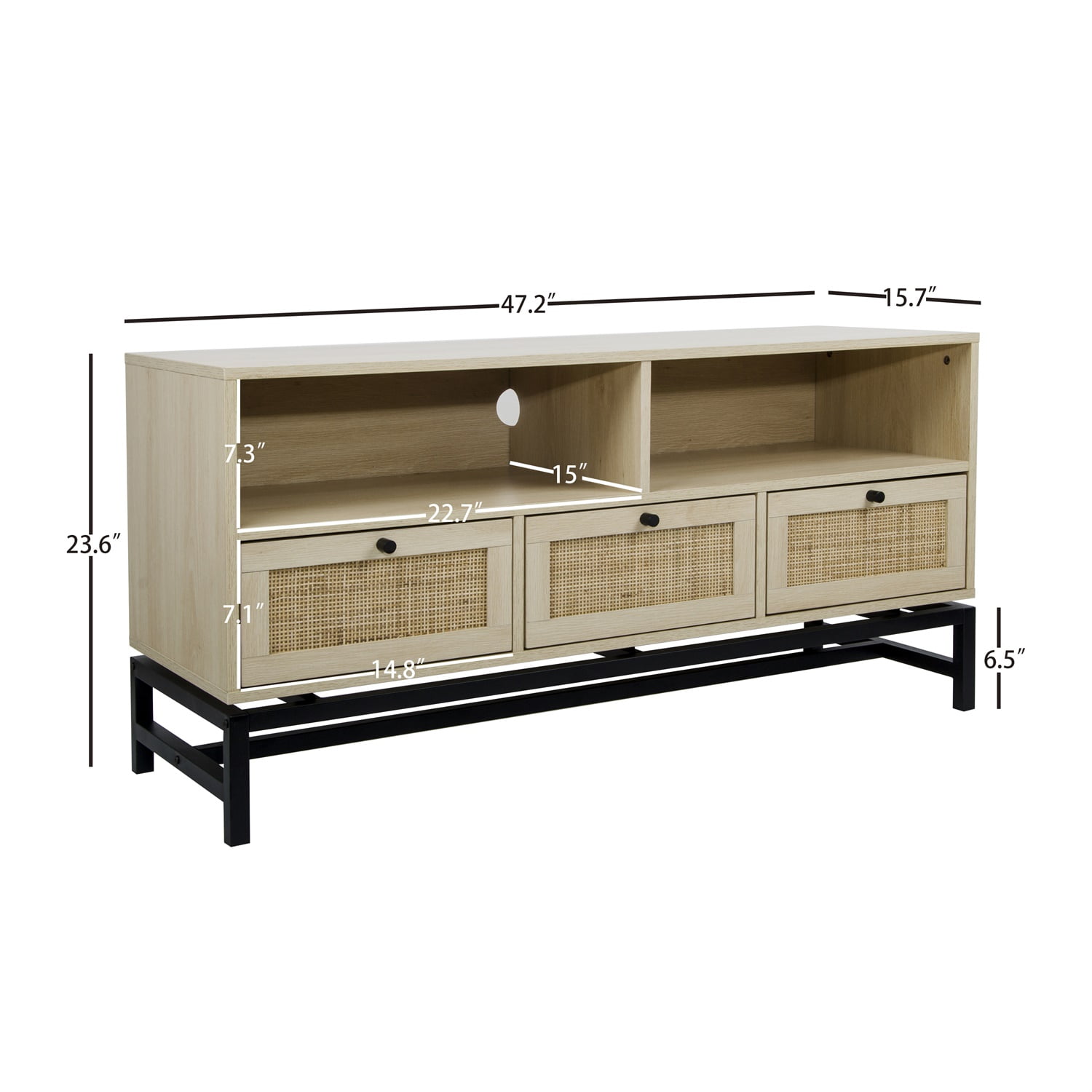 3 Drawer TV Stand with 2 Storage Shelf, Rattan Furniture Console Table with Metal Bracket