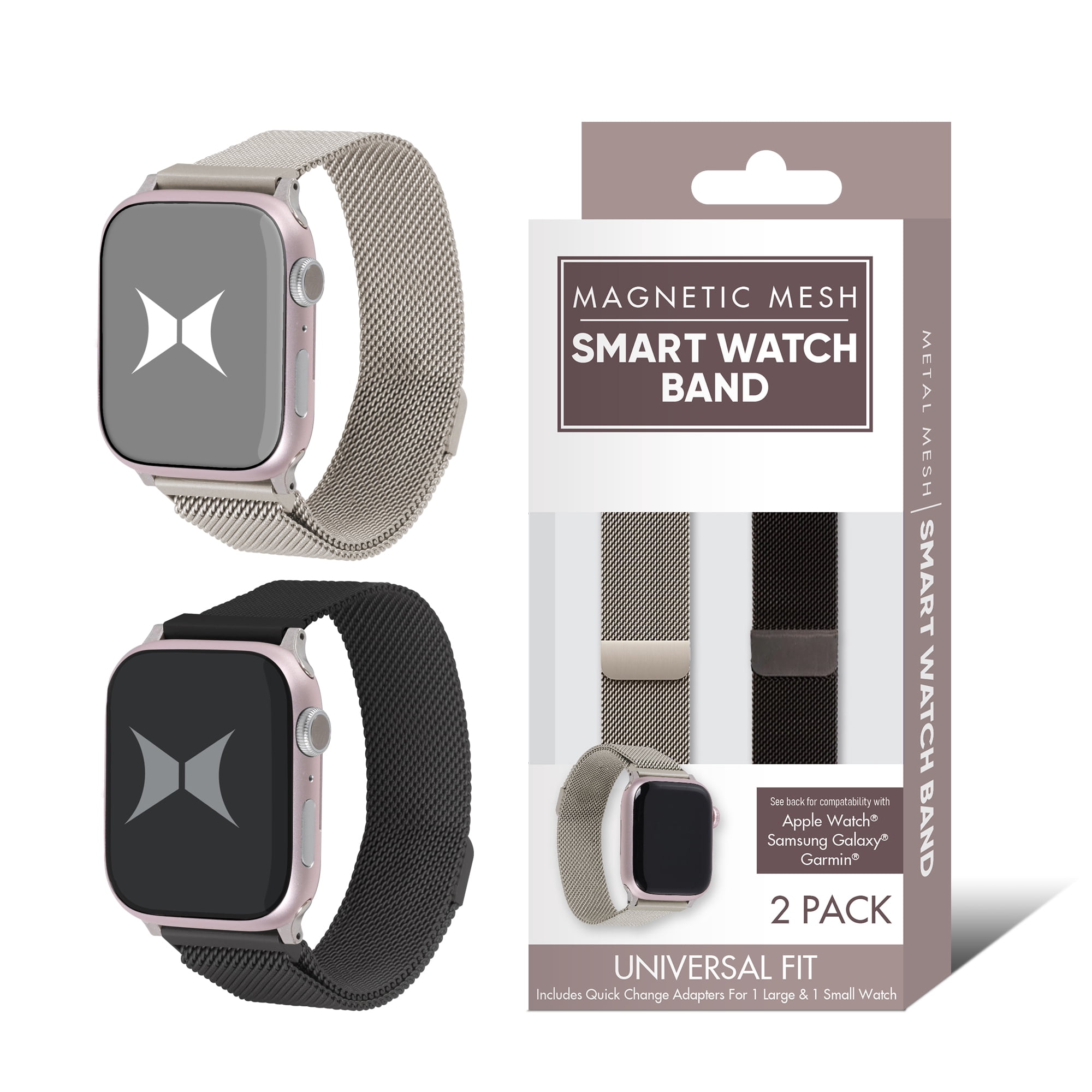 Xtreme Stainless Steel Magnetic Mesh Smart Watch Bands for Apple Watch, Samsung Galaxy & Garmin, 2 Pack