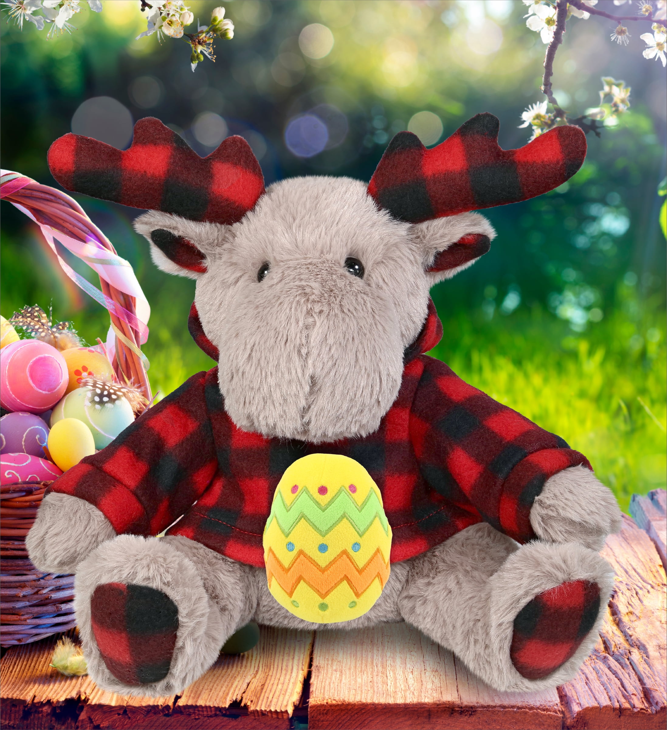 DolliBu Plaid Beige Moose with Hoodie with Yellow Easter Egg Plush - Perfect Moose Stuffed Animals for Easter Basket, Cute Easter Egg Stuffed Animal Spring Toys for Girls, Boys, and Babies - 10 Inches