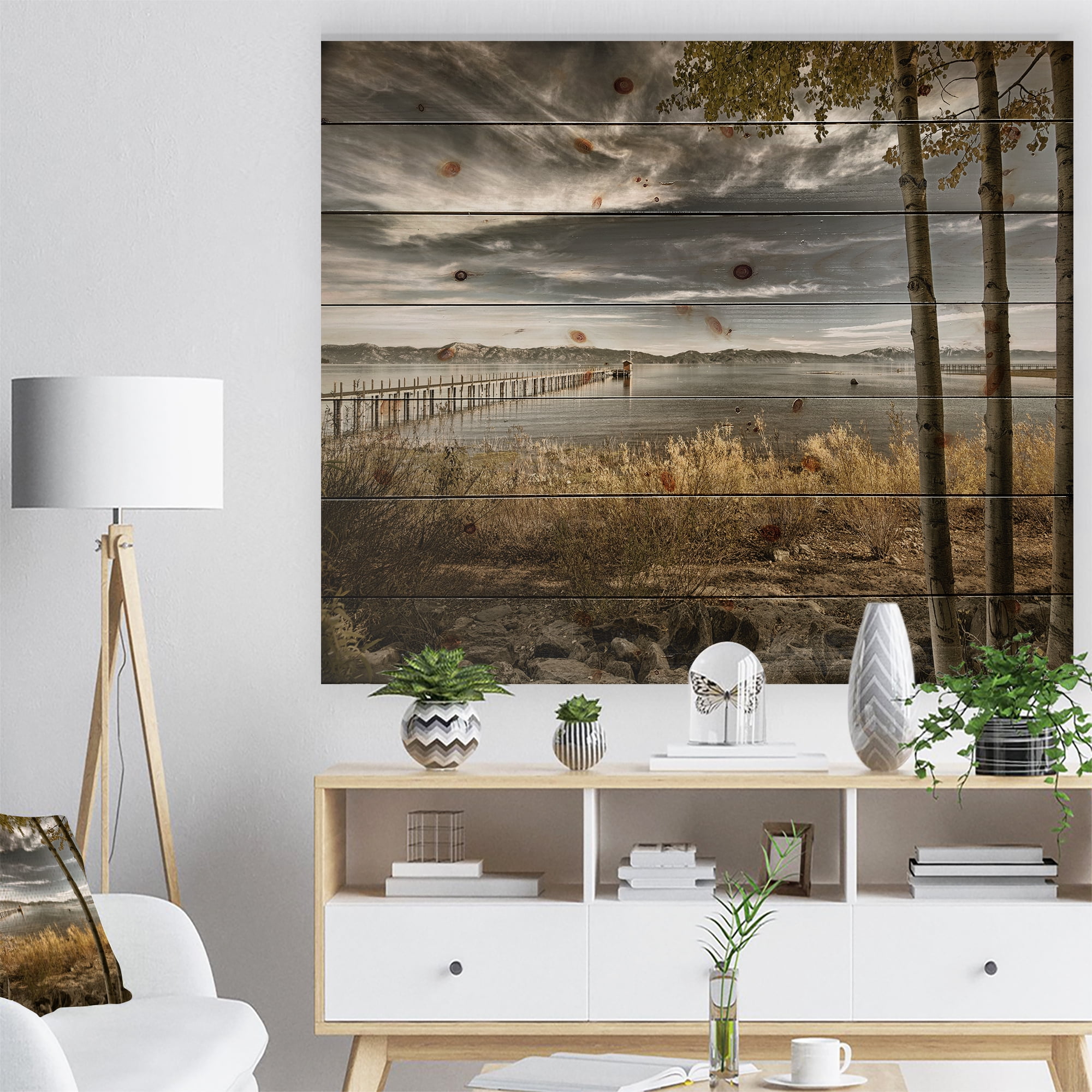 Designart 'Pier in Brown Lake' Landscape Photo Print on Natural Pine Wood