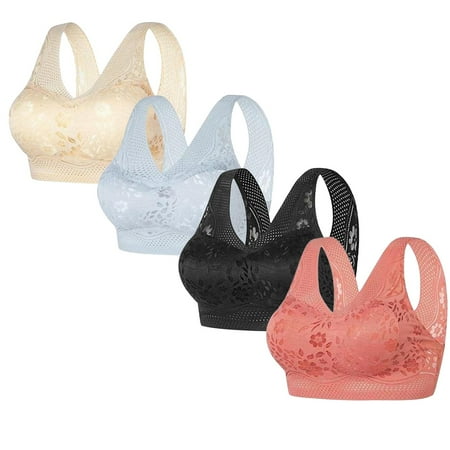 REORIAFEE Bras for Women Full Coverage 4PC Gathered Together Wirefree Bras Floral Brassiere Comfy Wide Strap Breathable Corset Underwear Comfortable Classic Support Lingerie Hot Pink L