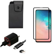 Galaxy S10e Screen Protector w Case Belt Clip w Home Charger - Tempered Glass 5D Curved Edge, Leather Swivel Holster, 2.4A USB Cable TYPE-C for Samsung Galaxy S10e Phone