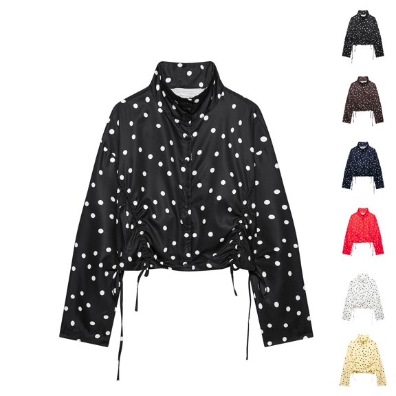 TGSLY Polka Dot Cropped Jacket for Women Lightweight Soft Stand Collar Long Sleeve Coat Side Adjustable Drawstring Ruched Hem Outerwear Jacket L
