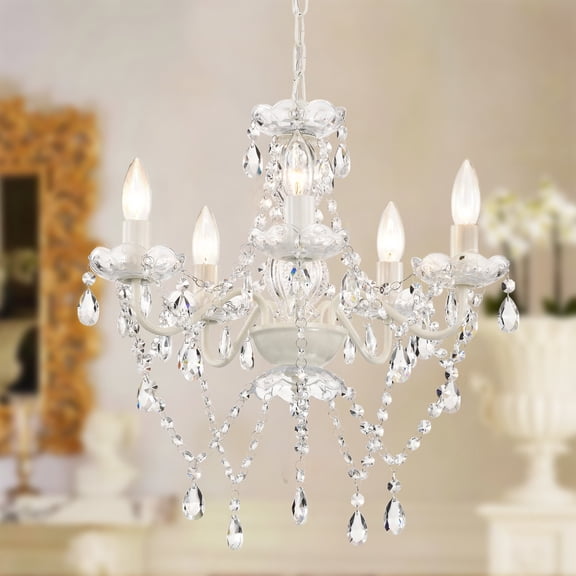 Small White 5-Light Crystal Chandelier, Modern Chandelier Ceiling Light Fixture, Small Chandelier for Bedroom, Dining Room, Girls Room