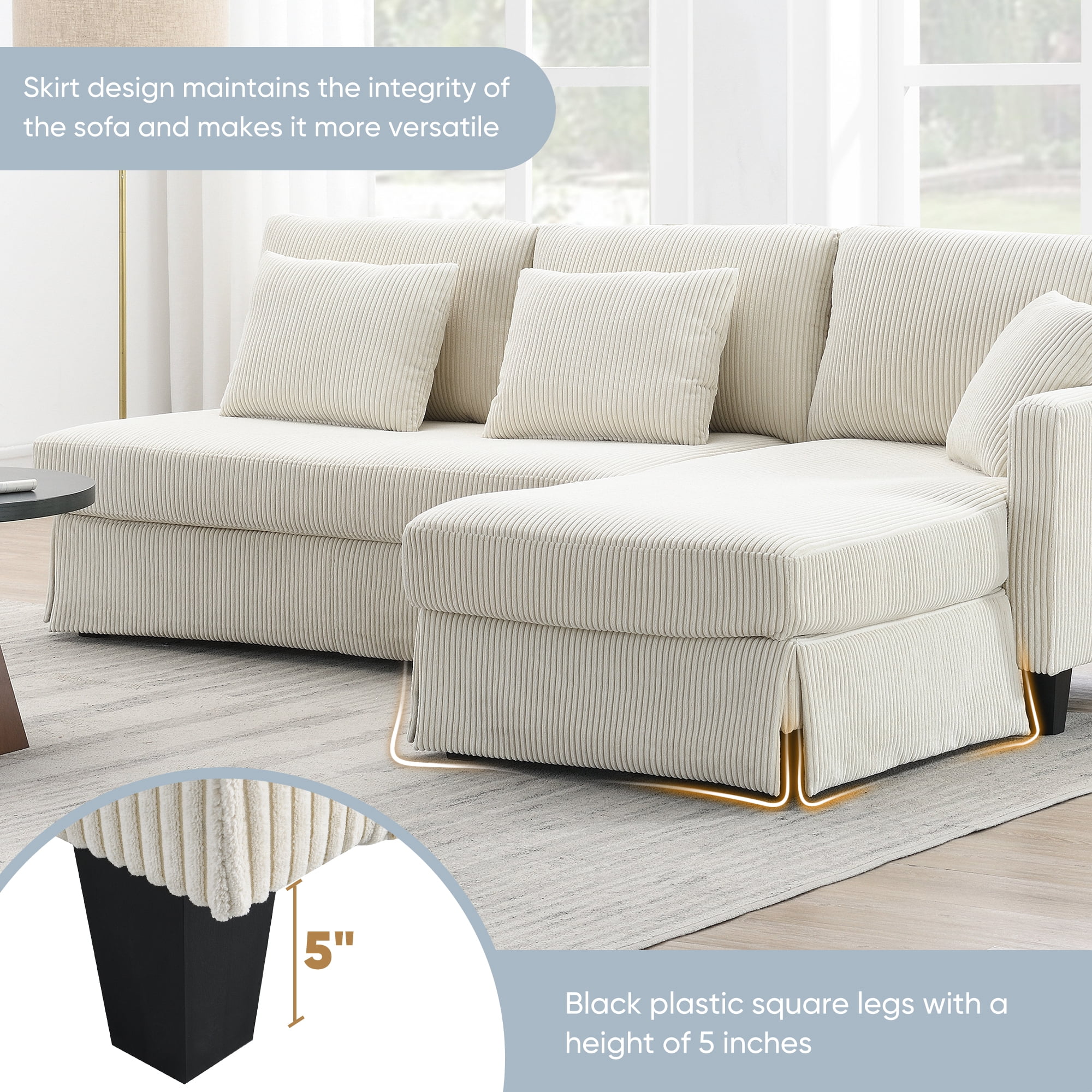 Modern L-shaped Corduroy Sofa with Reversible Chaise,4-seat Upholstered Sectional Indoor Furniture,Convertible Sleeper Couch with Pillows for Living Room,Apartment