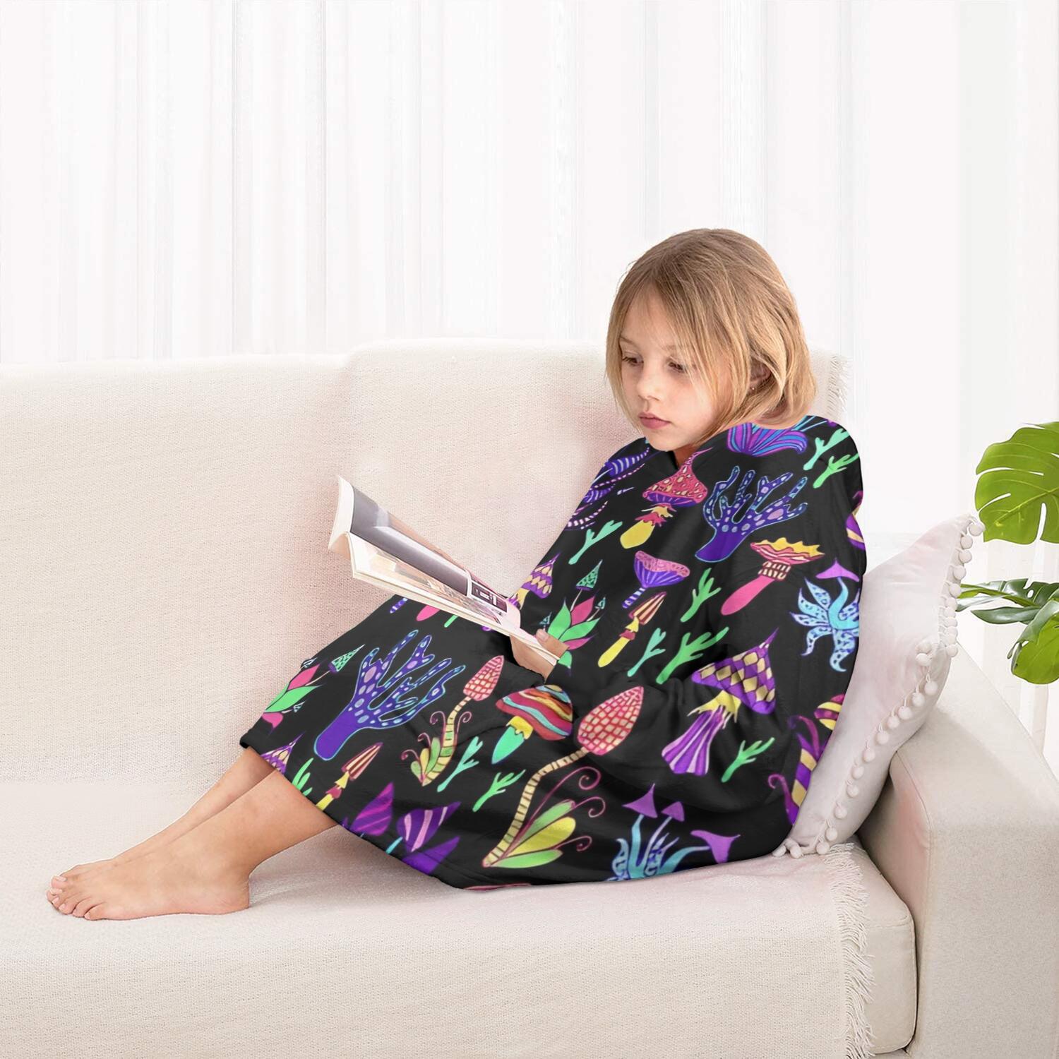 Purple Mushroom Black Pattern Blanket Hoodies for Kids 6-13YR Oversize Wearable Blanket Hoodies for Boys Girls Teens