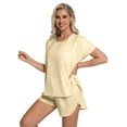 thumbnail image 4 of DAKIMOE Womens Silk Stain Pajamas Set Short Sleeve Soft Sleepwear Top With Shorts Set PJ Loungewear, Light Champagne, M, 4 of 8
