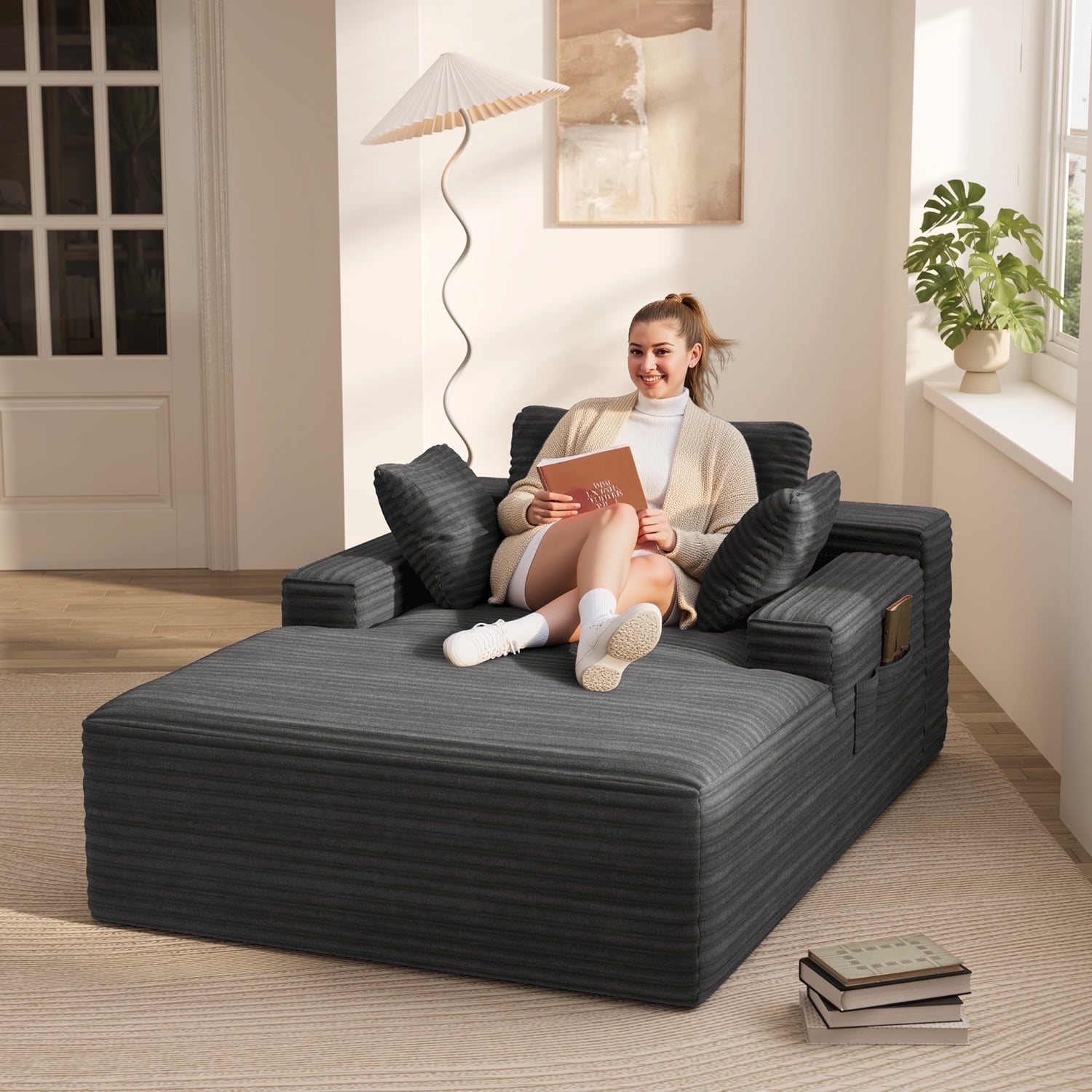 Lofka 47'' Oversized Chaise Lounge Chair Indoor, No Assembly Required, Sleeper Couch Fluffy Plush Corduroy Cloud Sofas Couches for Living Room, Gray
