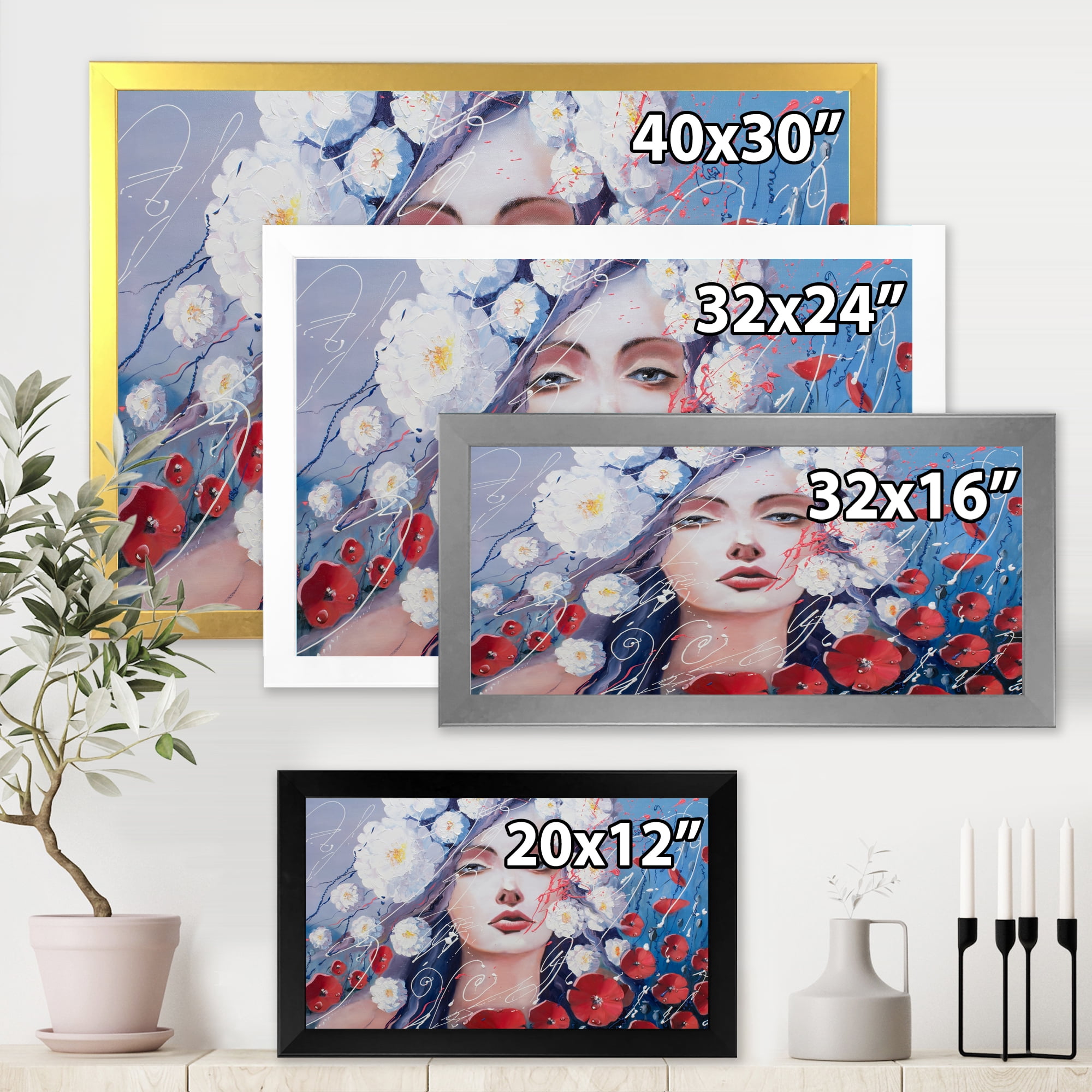 Designart 'Portrait Of A Young Lady With Red & White Flowers' Traditional Framed Art Print