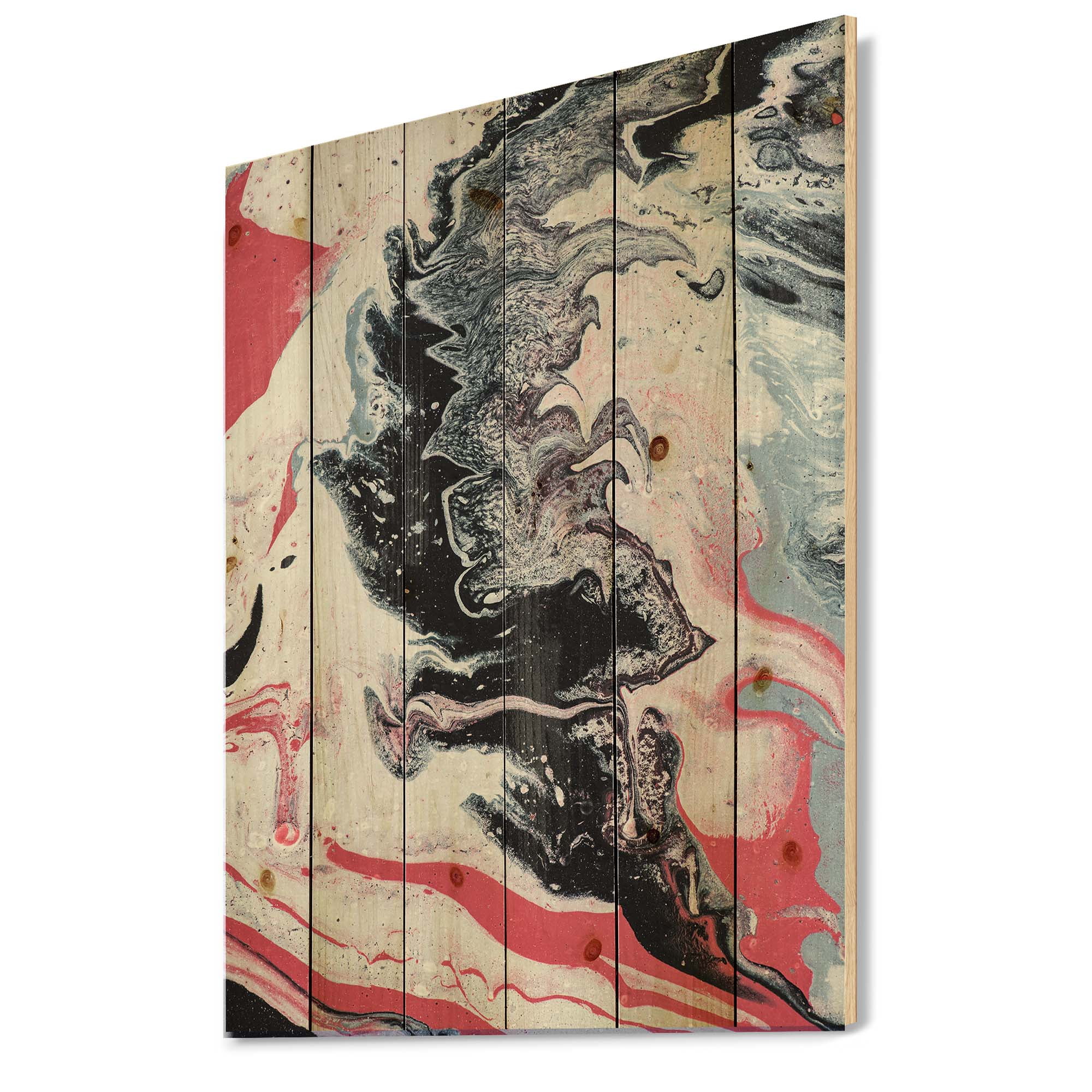 Designart 'Abstract Marble Composition In Gray and Pink I' Modern Print on Natural Pine Wood