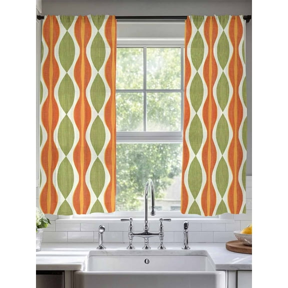 Orange Green Geometric Sheer Curtains for Living Room Bedroom Abstract Moire Modern Vintage Sheer Curtains 63 Inch Long 2 Panels Set Light Filtering Curtain Window Treatments Drapes for Dining Room