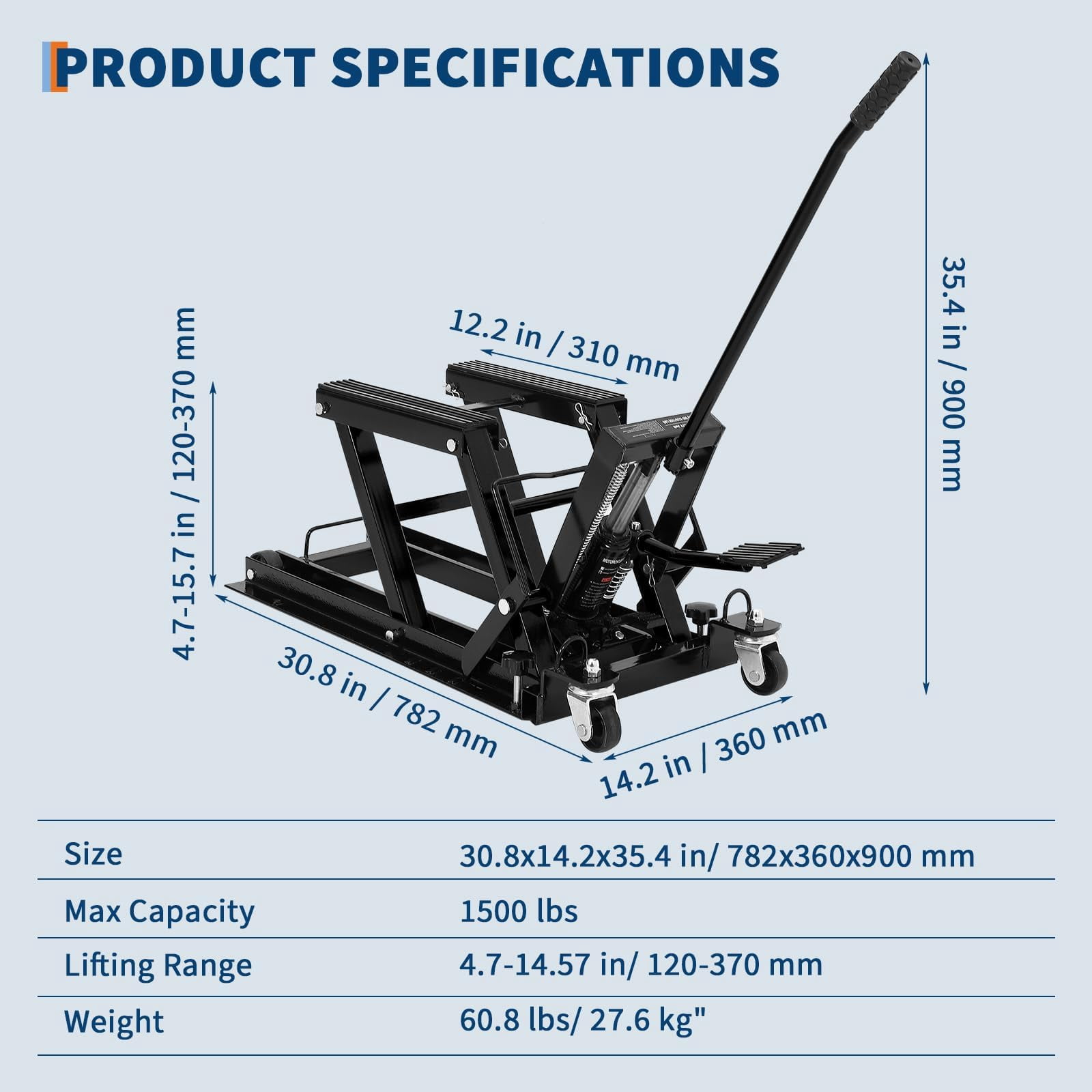 1500LBS Hydraulic ATV Motorcycle Scissor Lift Jack, Adjustable Height 4.7-14.57 Inch, Black Garage Lift Stand