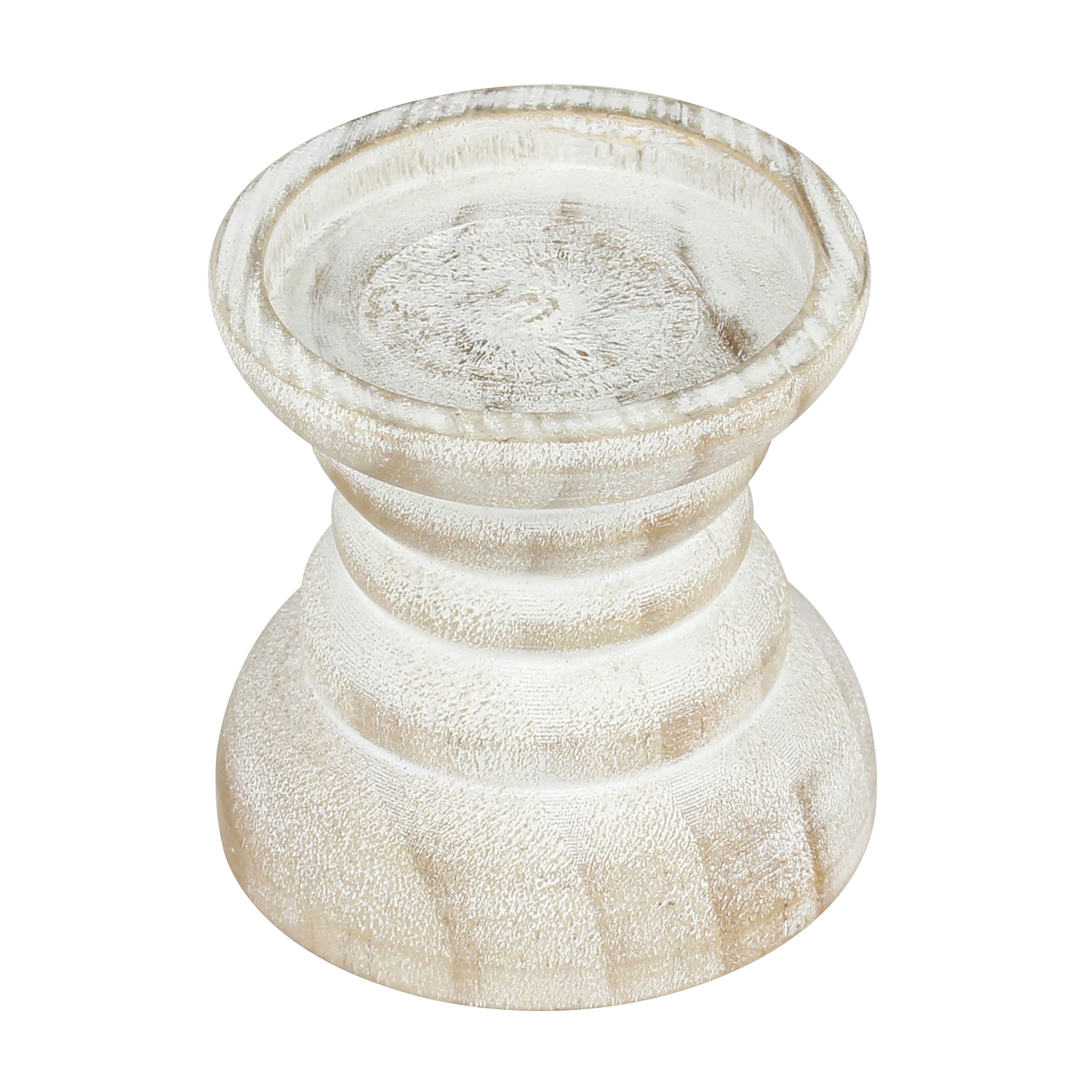 Stonebriar Tabletop 4" Coastal Wood Pillar Candle Holder, Off-White