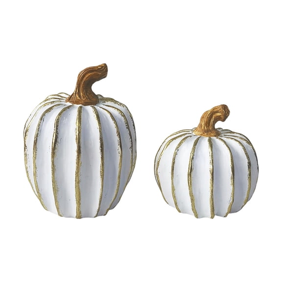 Set of 2 White & Gold Resin Pumpkin Decorations, Fall Decor for Home, Thanksgiving Harvest Tabletop Decor for Mantel, Shelf, Coffee Table