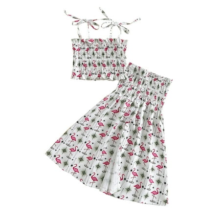 

Toddlers Kid Girl 2PCS Outfits Infants Flamingo Printed Tie-Up Spaghetti Strap Ruched Crop Tops Buttons Embellishment Split Long Skirt