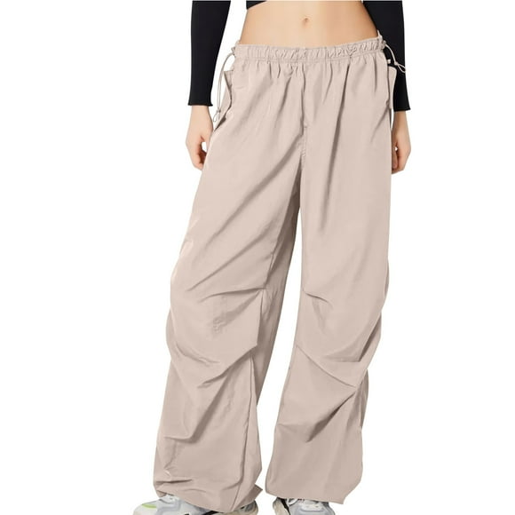AherBiu Juniors Cargo Pants for Women Straight Wide Leg Drawstring Waist Streetwear Trousers
