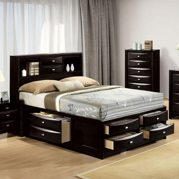 Modern Functional Storage 1pc Queen Size Bed Bookcase Headboard Footboard Drawers Black Solidwood Bedroom Furniture