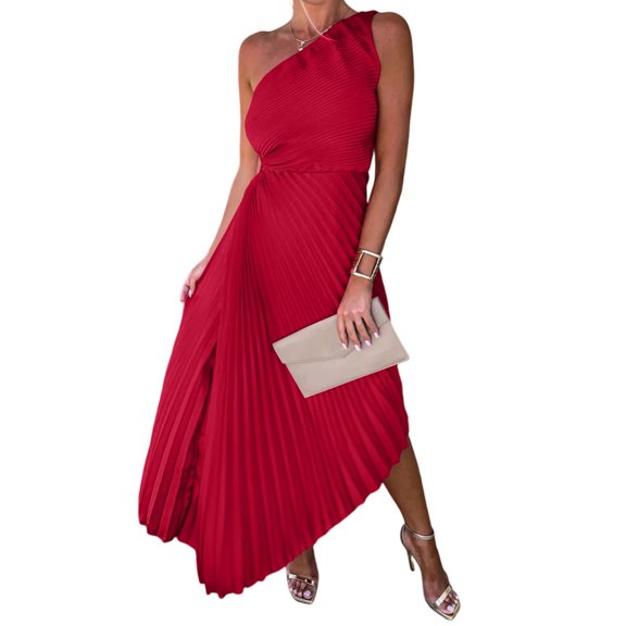Women's One Shoulder Dress, Asymmetric Pleated Cocktail Party Dresses, Flattering High Waisted Accordion Ruffle Summer Wedding Guest Midi Gown