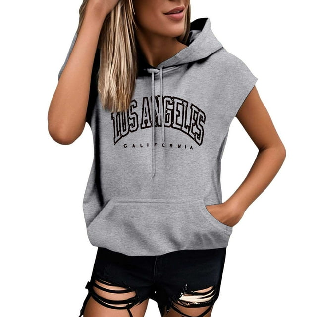 WEIYLL Womens Tops Plus Size Letter Print Hooded Sweat Short Sleeve Loose Grey Top Sizes XL