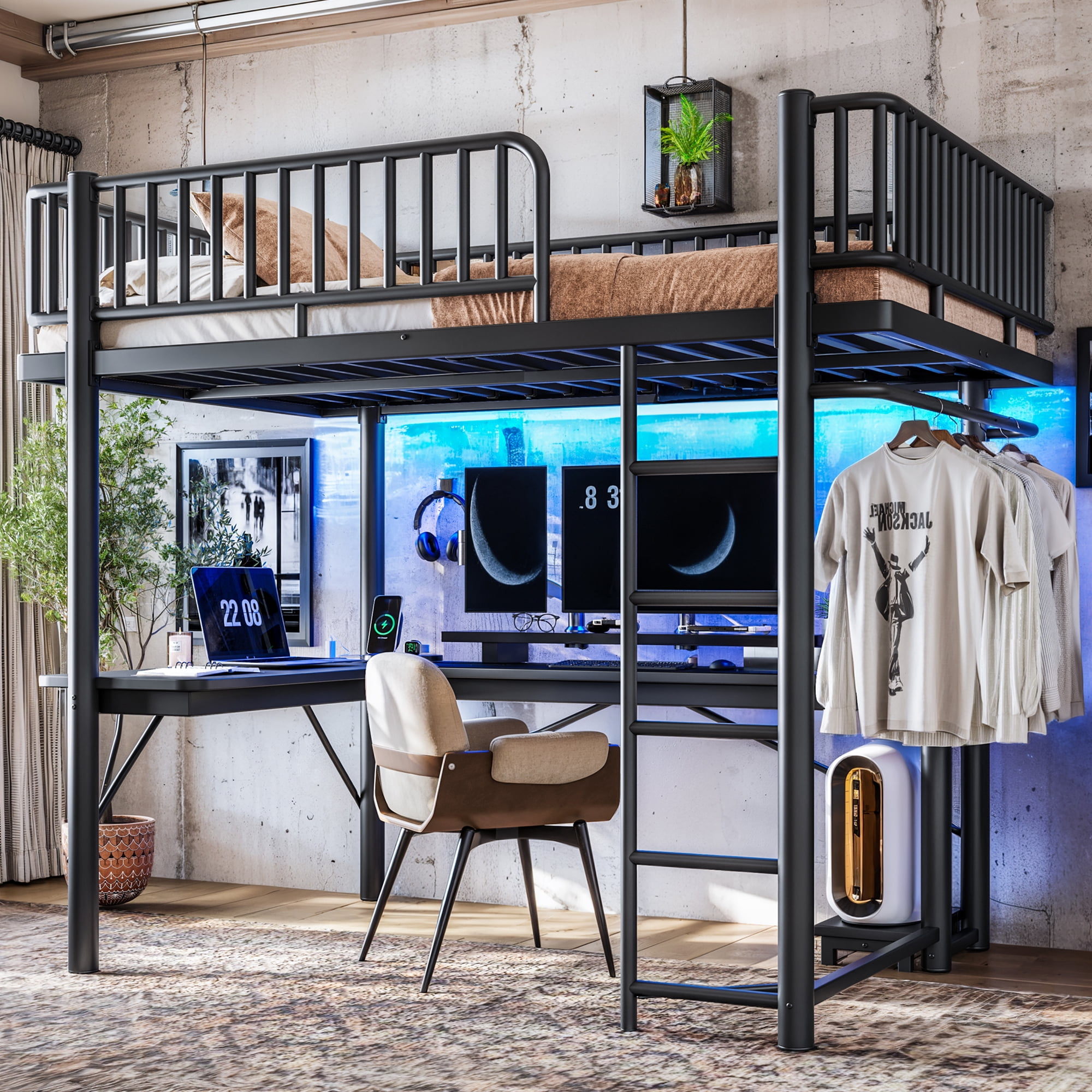 Leumius Full Loft Bed Frame with L-Shaped Desk,LED Light Strip and Charge Station, Metal Loft Bed with Computer Mainframe Tray and Hanging Area, Special Round Pipe Design for Teens Adults Black