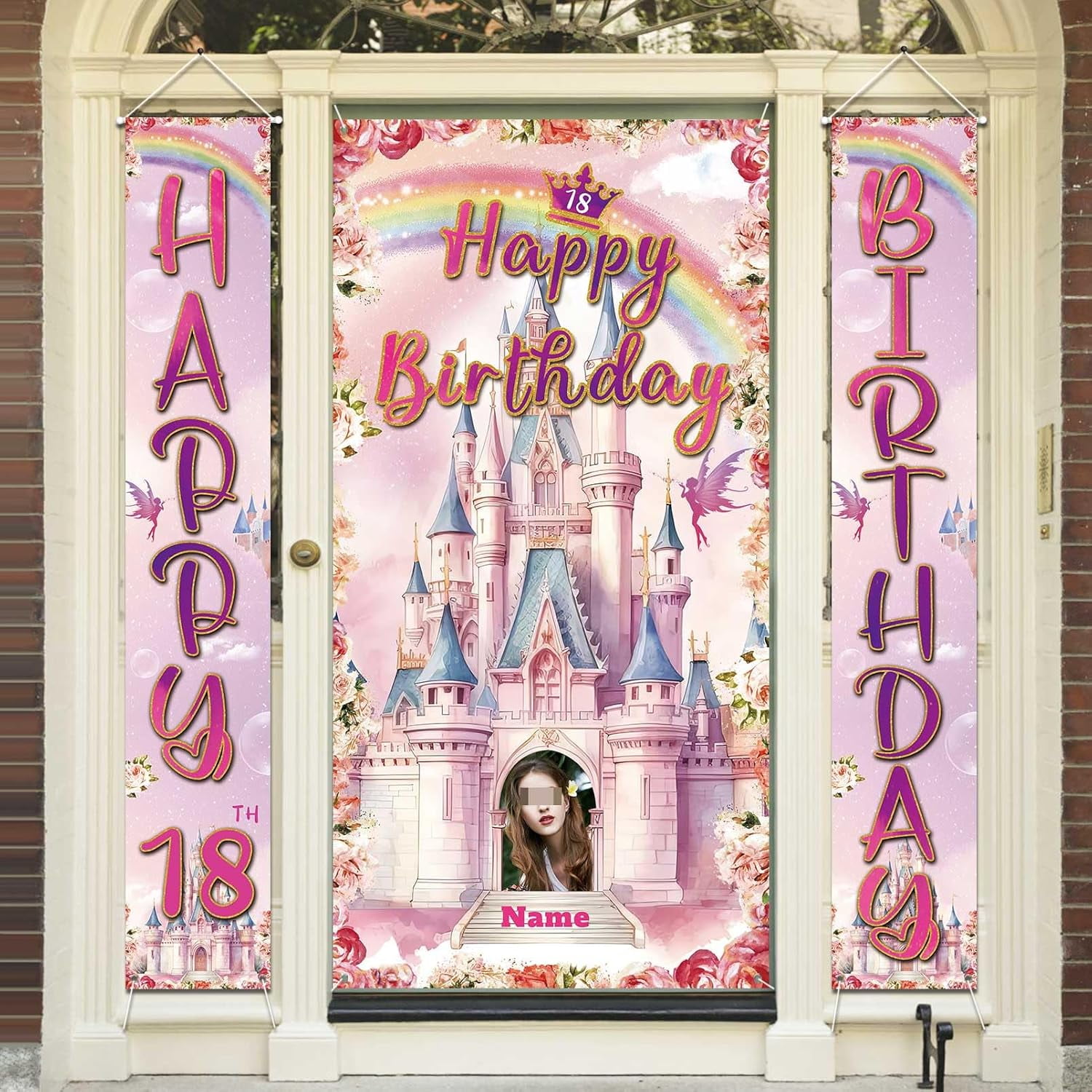 Custom Photo Birthday Banner Set Personalized Name Door Banners Fabric Backdrop Birthday Decorations Party Supplies Background for Indoor Outdoor Front Door Sign