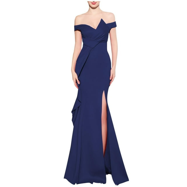 Boho Maxi Dress Women's Elegant Bodycon off Shoulder Sleeveless High Split Ruched Long Formal Evening Dress Mermaid Evening Cocktail Long Dress S-4 Navy S