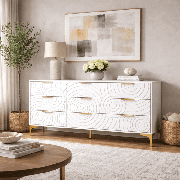 MIDOQIN 9 Drawer Dresser, Modern Wide Wooden Storage Organizer with Metal Handles, TV Stand for Bedroom, Living Room, Closet Organizer