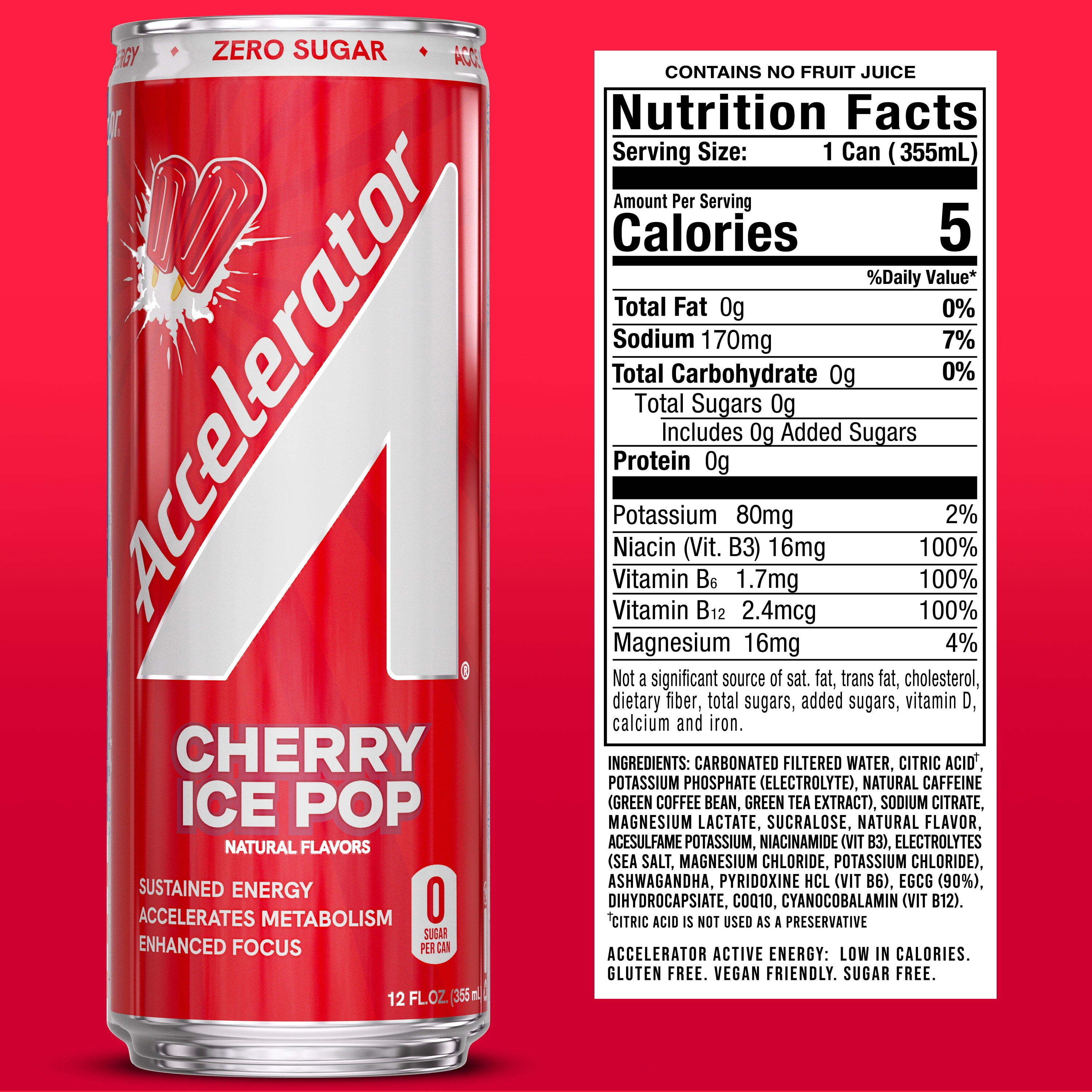 Accelerator Energy Drink, Cherry Ice Pop 12 fl oz can (12 pack), Zero Sugar, Sustained Energy from 100% Natural Caffeine (200mg from Green Coffee Bean & Green Tea extract)