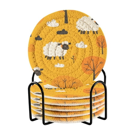 

Coil Coasters Set of 6，Cute Cartoon Sheep3.94-inch diameter printed on one side non-slip heat-insulating moisture-wicking home accessory.