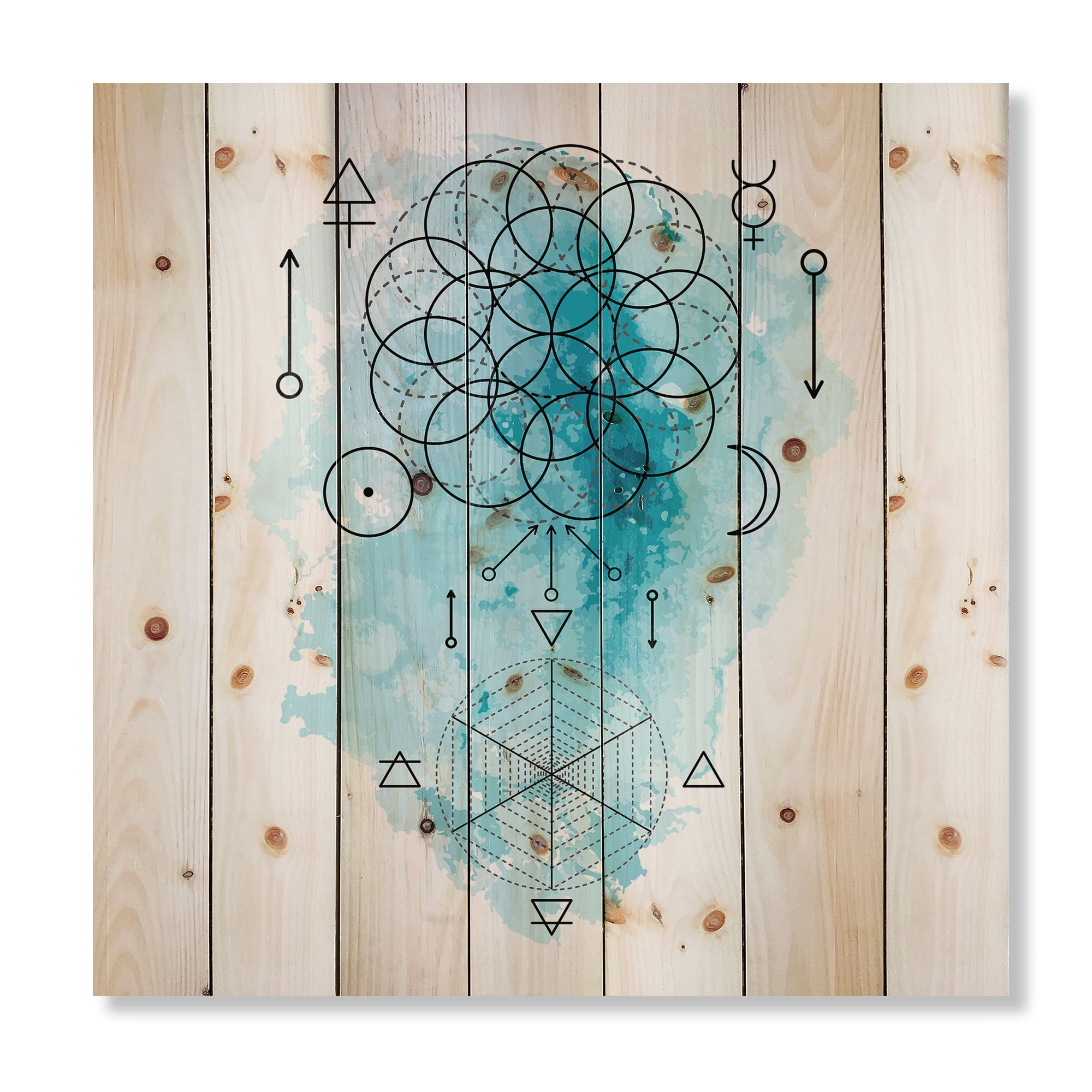 Designart 'Sacred Geometry and Symbol of Alchemy I' Bohemian & Eclectic Print on Natural Pine Wood
