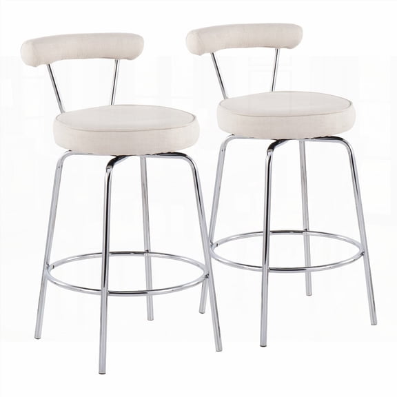Set of 2 Rhonda Contemporary Counter Stools - Chrome & Cream Fabric, 360° Swivel, 250lbs Capacity