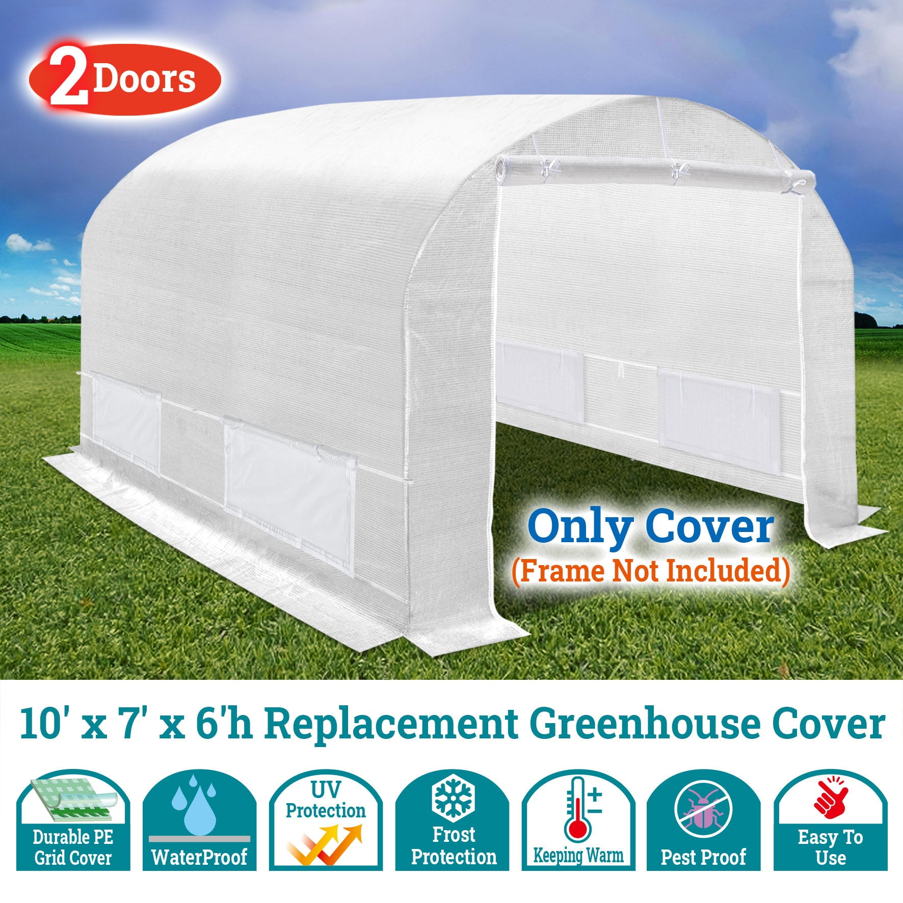 SUNNYOUTDOOR 2-Doors Replacement Greenhouse Cover for Larger Walk in Outdoor Yard Plant Gardening Hot House, Cover ONLY (White, 10'x7'x6')