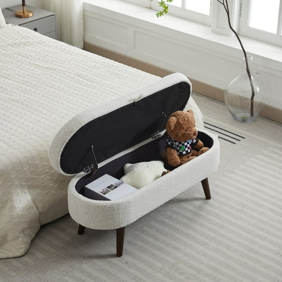 Storage Ottoman Bench for Bedroom, Upholstered Storage Bench, Boucle Ottoman Bench with Safety Hinge, End of Bed Bench with Solid Wood Legs for Living Room/Bedroom/Entryway(Beige)