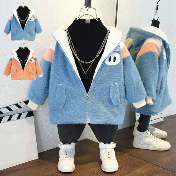 Zwiiyzr 2-8Y Boys and Girls Hooded Fleece Lined Jacket Kids Thicken Warm Winter Coat Outerwear Blue