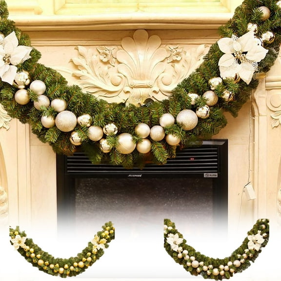 MXTPOV Encrypted Christmas Garland, Green Garland with Golden Flowers and Balls, Garlands for Decoration Christmas Fireplace Party Wedding, Home Decor, 8.86 FT
