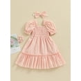 thumbnail image 2 of Suealasg Toddler Girls Summer Casual Dress Short Puff Sleeve Square Neck Shirred Ruffled Swiss Dot A-Line Dress with Headband 6M 1T 2T 3T Baby Girls Clothes, 2 of 9