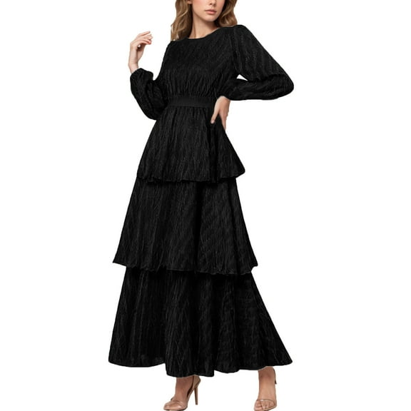 Efsteb Fall Dresses for Women Long Sleeve Tassel Dress High Waist Crew Neck Layered Maxi Dresses Cocktail Party Flowy Dress (Black,XL)