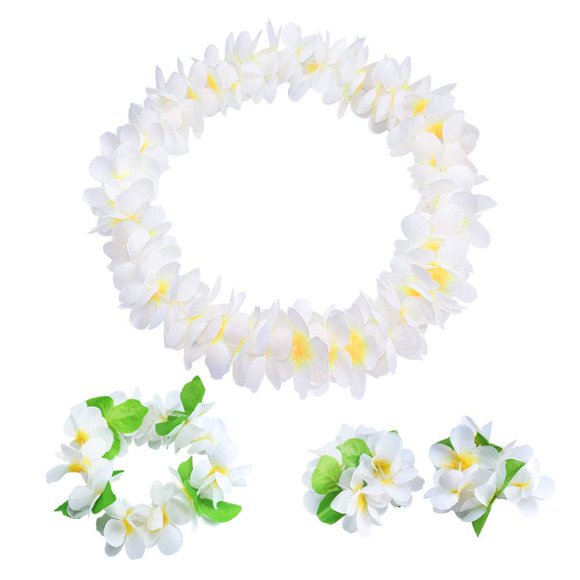 4 Pcs White Hawaiian Leis with Green Leaves for Graduation Party, Dance Party, Photo Prop in Outdoors (White)
