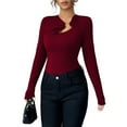 thumbnail image 3 of T-Shirt à Manches Longues Asymétrique avec Anneau en Métal pour Femmes, Ajusté, Froncé, Rouge Vin TG, 3 of 9