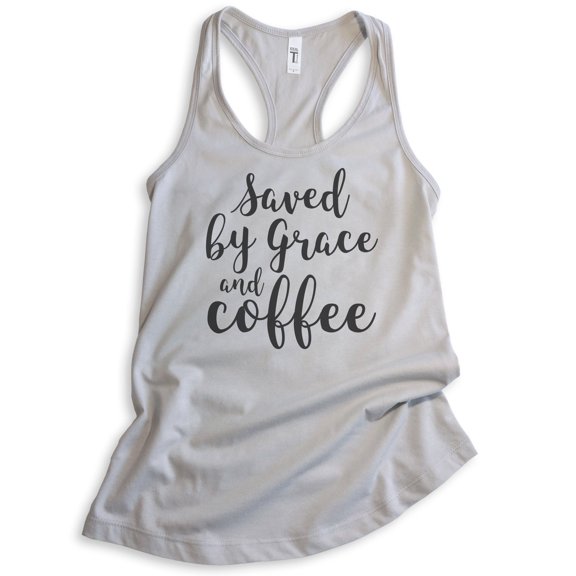 Saved By Grace And Coffee Tank Top, Ladies Racerback Tank Top, Coffee Tank, Caffeine Latte Espresso Tank, Silver Gray, Large